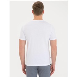 Beyaz Slim Fit Baskılı Bisiklet Yaka Tişört