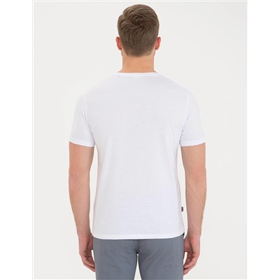Beyaz Slim Fit Baskılı Bisiklet Yaka Tişört