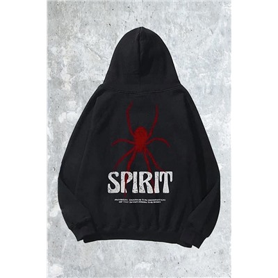 aynewmodaUnisex Siyah Spirit Baskı Oversize Kapşonlu Sweatshirt