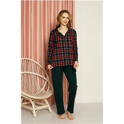 AHENGİM Woman Kadın Pijama Takımı Ekose Boydan Düğmeli Üst Desenli Altı Düz Pamuklu Mevsimlik W20502277 1-2-10001221
