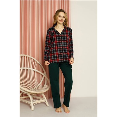 AHENGİM Woman Kadın Pijama Takımı Ekose Boydan Düğmeli Üst Desenli Altı Düz Pamuklu Mevsimlik W20502277 1-2-10001221