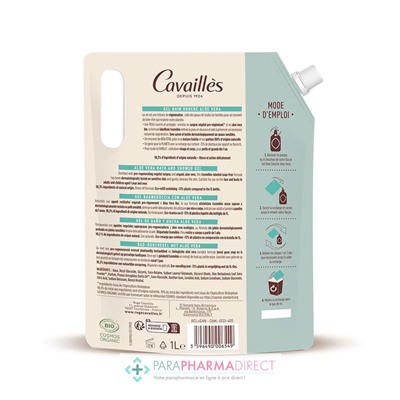 Cavaillès Gel Bain Douche - Aloe Vera - Peaux Sensibles BIO 1 Litre - ECO-RECHARGE
