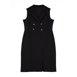 Siyah Düğme Detaylı Yırtmaçlı Fitted/Vücuda Oturan Midi Dokuma Elbise TBBSS24AH00214