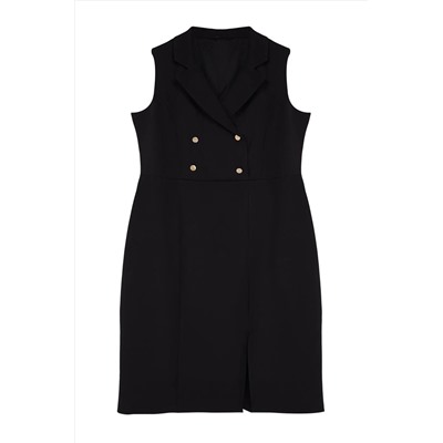 Siyah Düğme Detaylı Yırtmaçlı Fitted/Vücuda Oturan Midi Dokuma Elbise TBBSS24AH00214