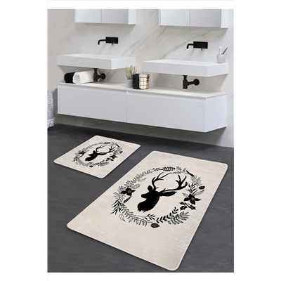 Pilloveland Kaymaz Taban Yıkanabilir 2’li Banyo Paspası - Deer Desenli 60*100 Cm - 50*60 Cm BM0181