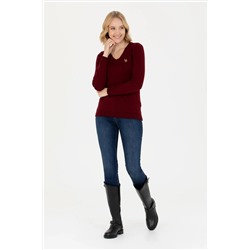 Kadın Bordo V - Yaka Basic Kazak