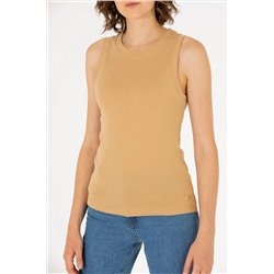 Kadın Camel Bisiklet Yaka Kolsuz Basic Tişört