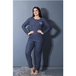 Meba Geniş Kalıp Anne Kışlık Uzun Kollu Lacivert Büyük Beden Pijama Takımı -tek Çiçek ANNEGRİ1
