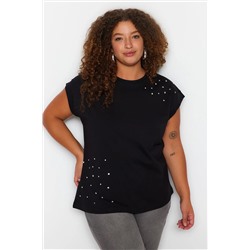 Siyah Bisiklet Yaka Taşlı %100 Pamuk Örme T-shirt TBBSS23BF00041
