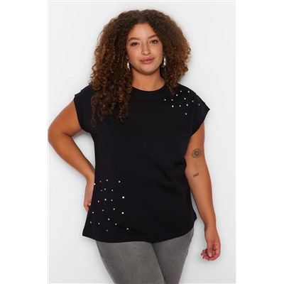 Siyah Bisiklet Yaka Taşlı %100 Pamuk Örme T-shirt TBBSS23BF00041