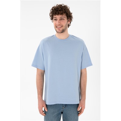 Erkek Oversize Fit Bisiklet Yaka Açık Mavi Tişört