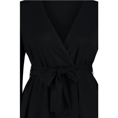 Siyah Kolu Fırfırlı Volanlı Viskon Plaj Giyim Dokuma Büyük Beden Kimono&Kaftan TBBSS23DE00001