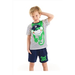 Denokids Korsan Maymun Erkek Çocuk Pamuklu Çizgili T-shirt Lacivert Şort Takım CFF-22Y2-047