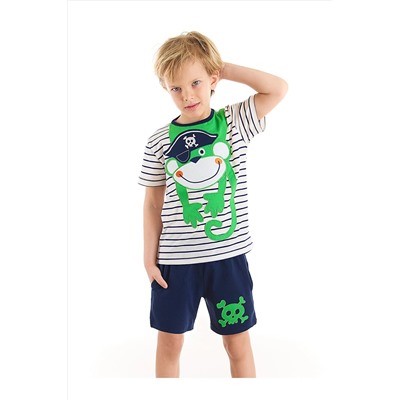 Denokids Korsan Maymun Erkek Çocuk Pamuklu Çizgili T-shirt Lacivert Şort Takım CFF-22Y2-047