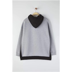 Gri Melanj Renk Bloklu Geniş Kalıp İçi Polarlı Örme Spor Büyük Beden Sweatshirt TBBAW26AO00011