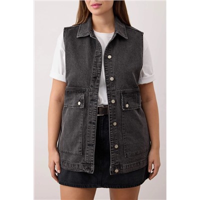 Antrasit Gömlek Yaka Cep Detaylı %100 Pamuk Denim Yelek Ceket TBBAW26BH00003