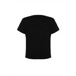 Siyah Brode Detaylı Basic %100 Pamuk Örme T-shirt TBBSS24BF00055