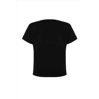 Siyah Brode Detaylı Basic %100 Pamuk Örme T-shirt TBBSS24BF00055