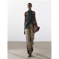 100% linen striped trousers with buckle detail