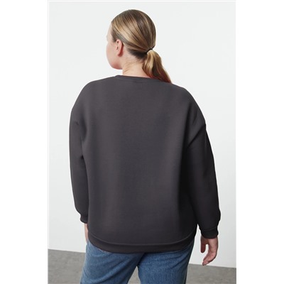 Antrasit Oversize/Bol Kesim Basic Bisiklet Yaka Kalın/İçi polarlı Örme Sweatshirt TBBAW25AO00008
