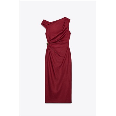 LINEN BLEND DRAPED MIDI DRESS