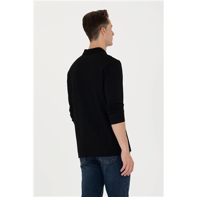 Erkek Siyah Basic Polo Yaka Sweatshirt