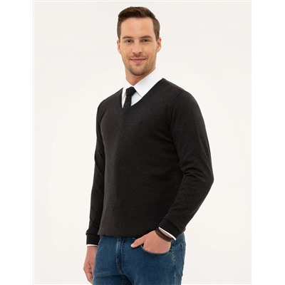 Antrasit Melanj Slim Fit V Yaka Basic Triko Kazak