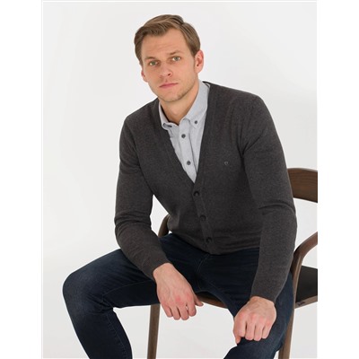 Gri Melanj Slim Fit Basic Triko Hırka