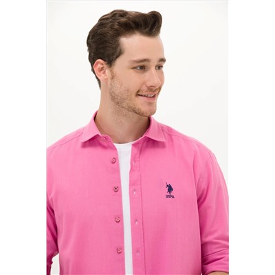 Erkek Pembe Keten Görünümlü Basic Gömlek