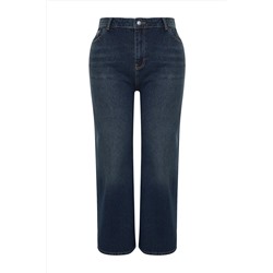 Koyu Mavi Yüksek Bel Soluk Efekt Vintage Yıkama Geniş Paça Büyük Beden Wide Leg Jeans TBBSS24CJ00050
