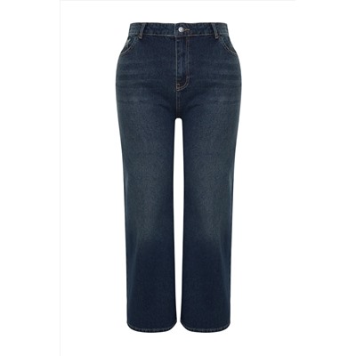 Koyu Mavi Yüksek Bel Soluk Efekt Vintage Yıkama Geniş Paça Büyük Beden Wide Leg Jeans TBBSS24CJ00050