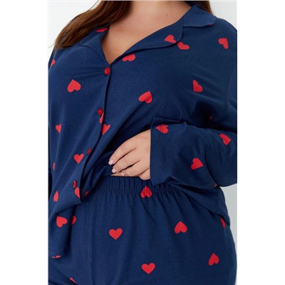 Lacivert Kalpli Gömlek Yaka Örme Pijama Takımı TBBAW23AI00019