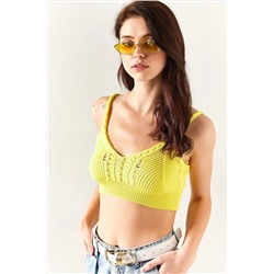 Olalook Kadın Sarı Boncuk Garnili Triko Crop Bluz BLZ-19002319