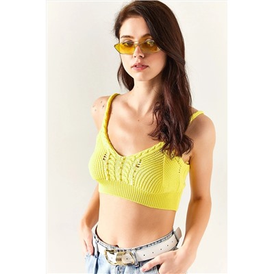 Olalook Kadın Sarı Boncuk Garnili Triko Crop Bluz BLZ-19002319