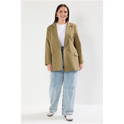 Trendyol Curve Açık Haki Regular Astarlı Kruvaze Kapama Dokuma Büyük Beden Blazer Ceket TBBAW25AG00022