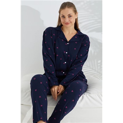 Siyah İnci lacivert kalp desen Curve Büyük Beden Battal boy Düğmeli Pamuklu Pijama Takımı 7687