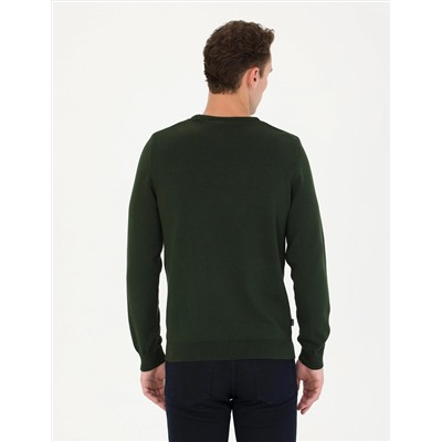 Koyu Yeşil Slim Fit Bisiklet Yaka Basic Triko Kazak
