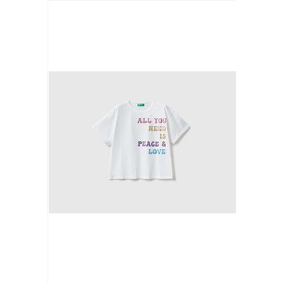 United Colors of BenettonKız Çocuk Beyaz Simli Slogan Baskılı T-shirt