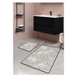 Pilloveland Kaymaz Taban Yıkanabilir 2’li Banyo Paspası - Bej Monstera Desenli 60*100 Cm - 50*60 Cm BM0162