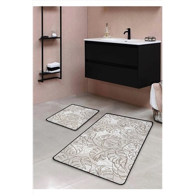 Pilloveland Kaymaz Taban Yıkanabilir 2’li Banyo Paspası - Bej Monstera Desenli 60*100 Cm - 50*60 Cm BM0162