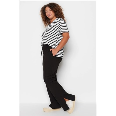 Siyah Straight Fit İnce Yırtmaçlı Örme Büyük Beden Eşofman Altı TBBSS23AJ00003