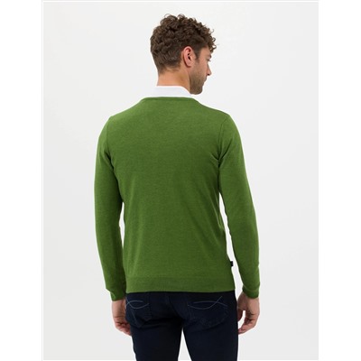 Yeşil Slim Fit V Yaka Basic Triko Kazak