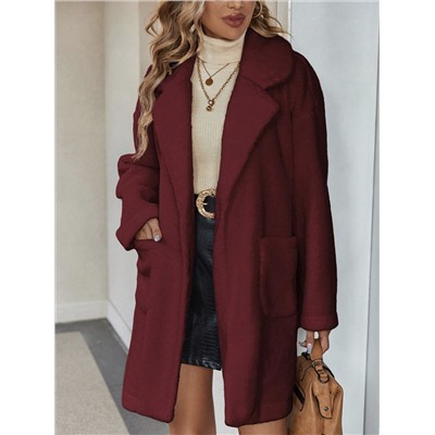SHEIN LUNE Lapel Neck Dual Pocket Drop Shoulder Teddy Coat