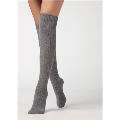 Lange gerippte Damensocken mit Wolle und Cashmere