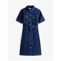 Short-Sleeve Belted Denim Dress