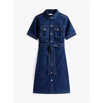 Short-Sleeve Belted Denim Dress