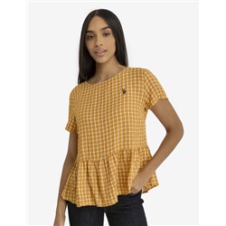 SHORT SLEEVE PEPLUM GRID TOP