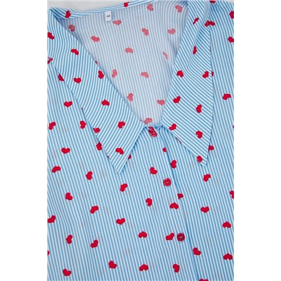 More Sustainable Mavi Çizgi&Kalp Desenli Gömlek Yaka Dokuma Pijama Takımı TBBAW26AI00029