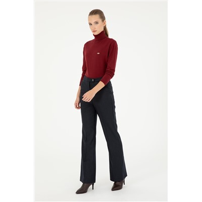 Kadın Lacivert Çizgili Slim Flare Fit Kanvas Pantolon