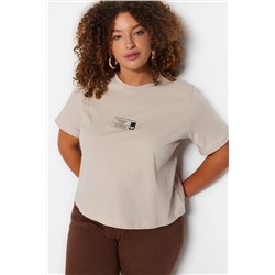 Bej Bisiklet Yaka Baskılı %100 Pamuk Örme T-Shirt TBBSS23BF00027